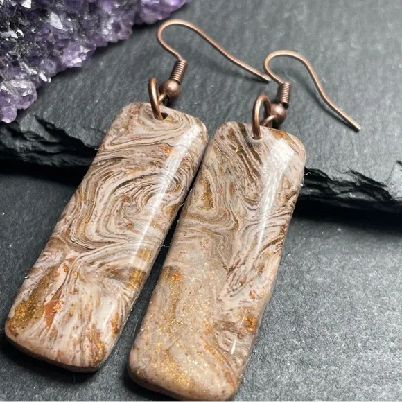 REDUCED Artisan Caramel Brown And Creamy Copper Swirl Pattern Earrings - Picture 3 of 9
